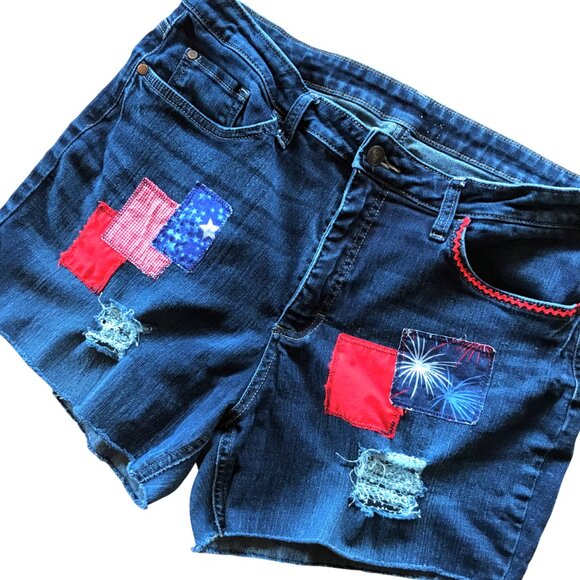Upcycled Ripped Denim Cutoff Jean Shorts, Fireworks Patriotic Patchwork, Size 16 - Picture 1 of 13